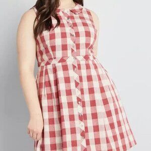 Modcloth Women Red Plaid Peter Pan Collar Fit Flare Pocket Dress Sz 12 Retro